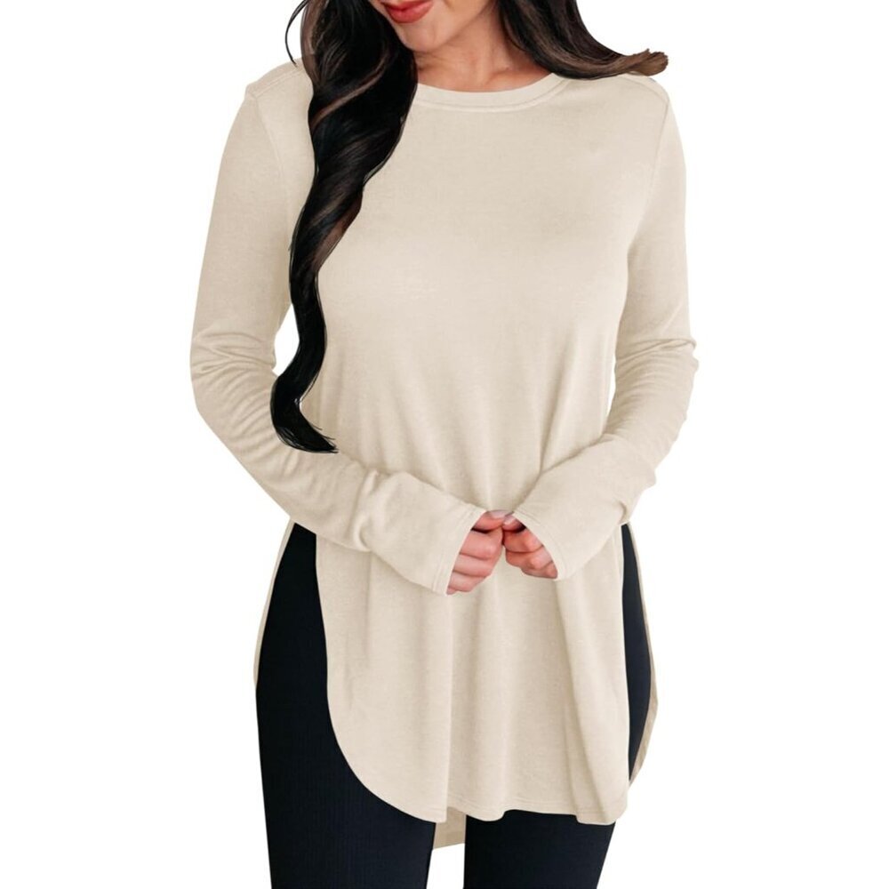 Womens Long Sleeve Tunic Top Casual Fall Crew Neck Side Split Hi-Low Hem Large